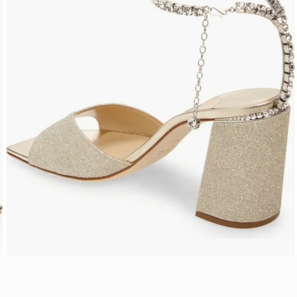 Jimmy Choo Sparkling Gold Heels with Ankle Strap Saeda Sandal Platinum Ice/cryst - Picture 4 of 14